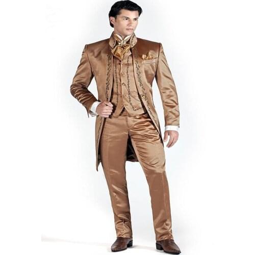 New Arrival Embroidery Groomsmen Mandarin Lapel Groom Tuxedos Men Suits Wedding/Prom Best Man Blazer ( Jacket+Pants+Vest+Tie)A53