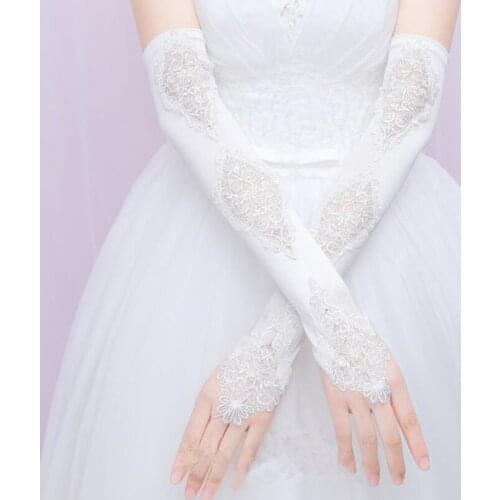 2019 Opera Length Sheer Lace Satin Long Bridal Gloves Wedding Gloves for Bride Ivory Dance Gloves for Women