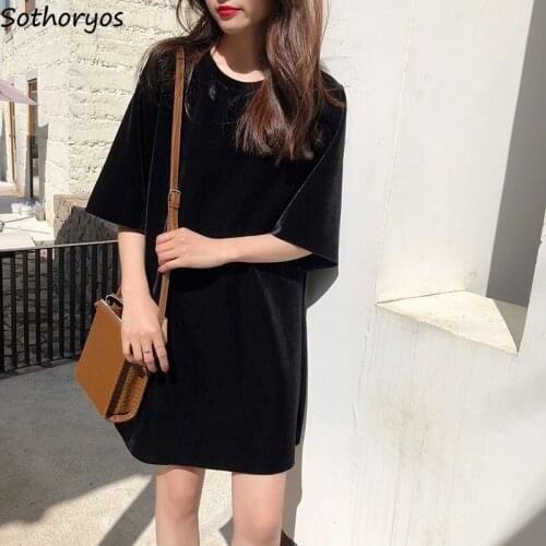 Dress Woman Short Sleeve Plus Size 2XL Solid Loose Streetwear Soft Korean O-neck Casual Black Fashion Chic Mini Summer Fashion