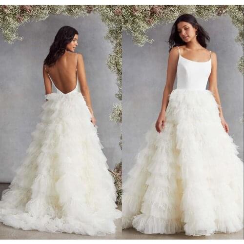 Luxury Feather Wedding Dresses Tulle Ruffles Tiered Ball Gown Backless Vestido De Noiva Custom Made Bridal Dress