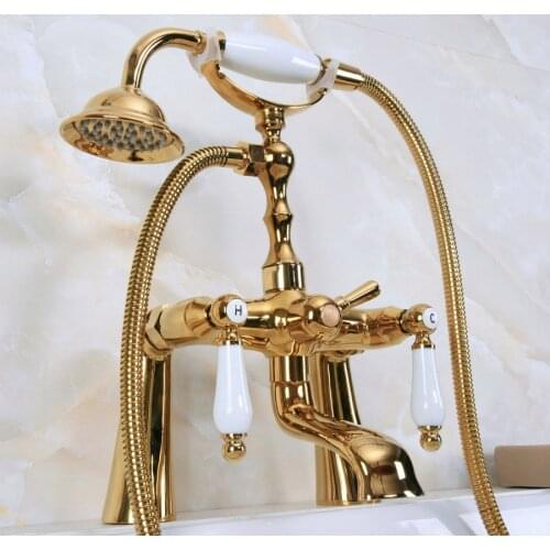 Luxury Gold Color Brass Deck Mounted Bathroom Clawfoot Bathtub Mixer Tap With Hand Shower Head Bath & Shower Faucet Lna140