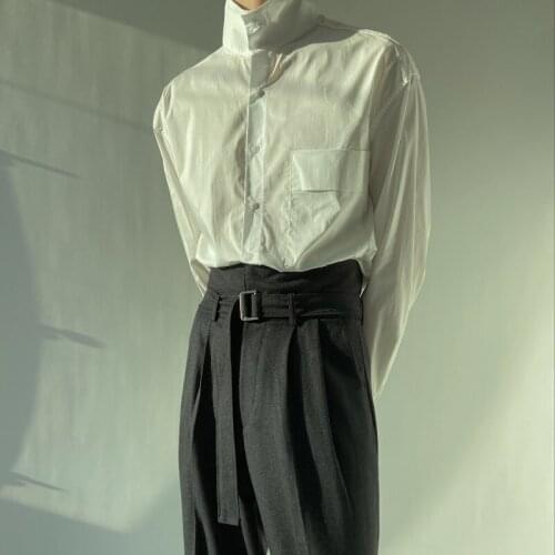 Mens Sense of Luxury Cotton Stand Collar Loose Solid Shirt Black White Sky Blue Long Sleeve Man Shirts F12