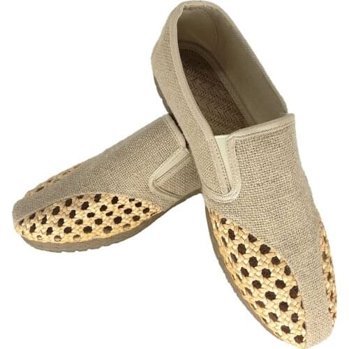 Men Women Handmade Flax Shoes Breathable Comfortable Hallow Woven Loafers Khaki Blue Linen Shoes Kungfu Tai Chi Slip-On Flats