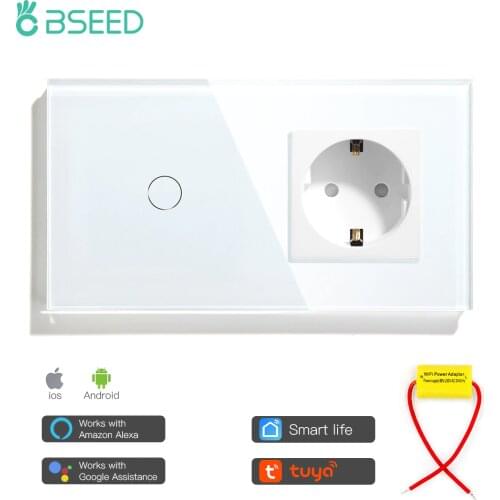 BSEED Wifi Touch Switch No Neutral Line With Normal EU Socket Without Wifi 3 Colors Crystal Glass Panel Smart Switch For Russia