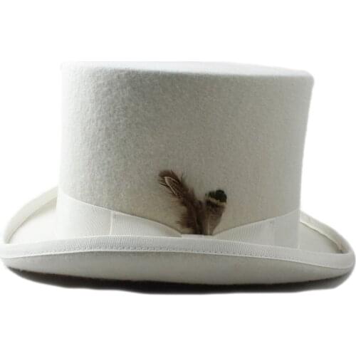 100% Wool Women Men Steampunk Top Hat With DIY Feather Victorian Church Hat For Gentleman VIVI Performing Fedoras Hat