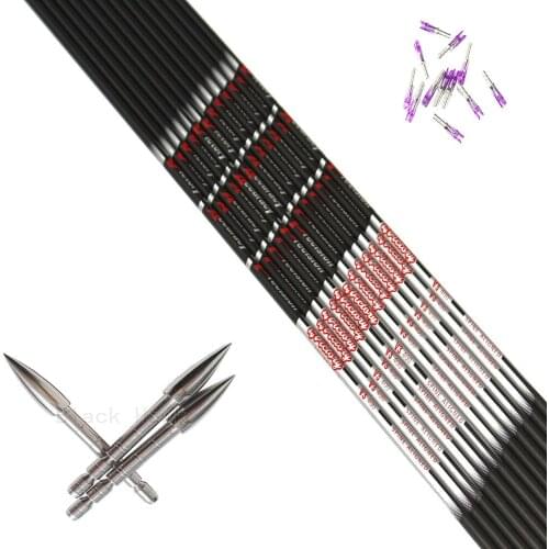 12pcs Archery carbon arrow shaft spine350/400/500/600/700+12pcs pin nock+12pcs Stainless steel target point for DIY shooting
