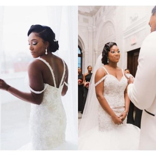 African Mermaid Wedding Dresses Spaghetti Cascading Ruffles Appliques Crystal Beads Plus Size Bridal Gowns for Women robes de