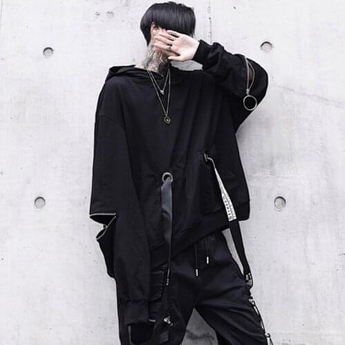 April MOMO 2021 Hip Hop Loose Hoodies Sweatshirts Men Hooded Ribbon Pullover Hoodie Mens Streetwear Tracksuit Hoody Black Hoodie