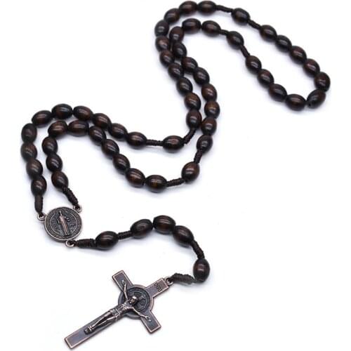 Unisex Religious Rosary Necklace Catholic Cross Pendants Dark Brown Wooden Rice Beads Chain Necklaces Christ Prayer Jewelry