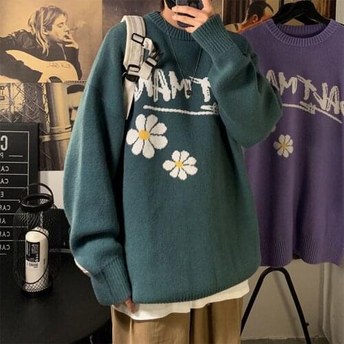 Knitted Sweater For Men Trendy Loose Round Neck Long Sleeve Pullover Sweaters Streetwear Printed Letter Top Mens Clothes Winter