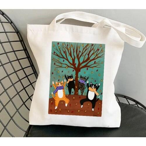 Shopper The Celebration of Autumn French Press Coffee Cats Printed Tote Bag women Harajuku handbag girl shopping bag Canvas Bag