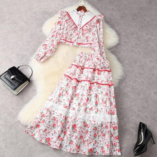 Set Skirt And Top Woman Sweet 2021 Spring Summer Lace Ruffles Print Crop Top + Elastic Waist Over Knees Skirt Two Piece Set