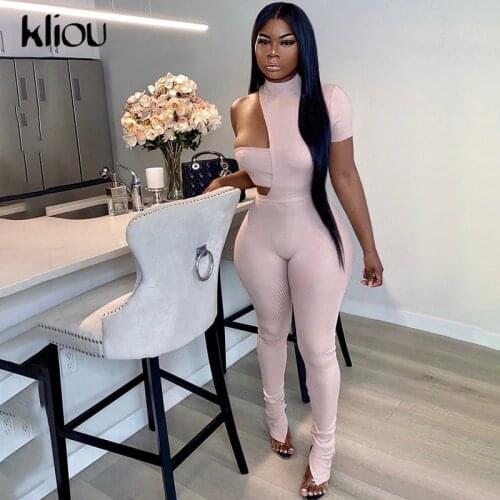 Kliou Breast Wrap Casual Jumpsuit Women One Shoulder Street Style Solid Skinny Slim Active Workout Side Slit One Piece Overalls