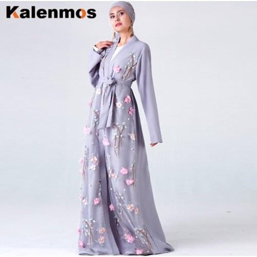 KALENMOS Dubai Arab Open Abaya Women Muslim Long Robe Embroidery Floral Maix Hijab Dress Lace-up Islamic Clothing Kaftan Kimono