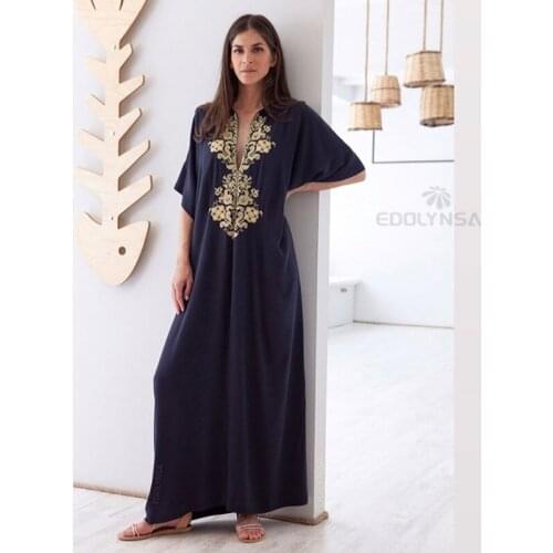 2021 Elegant V-neck Embroidered Maxi Dress Long Blue Tunic Women BeachWear Kaftan Long Bathing Loose Maxi Dresses N1335