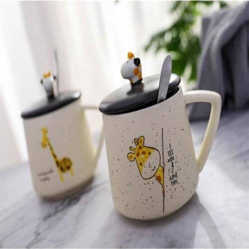 3D Animal Creative Giraffe Cup Couple Ceramic Office Coffee Tea Milk Mugs with Lid Spoon Juice Drinking Cup Gift Drinkware