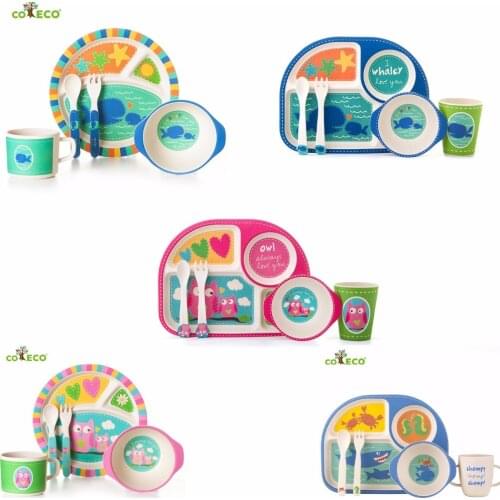 5pcs/set Environmental children plate bamboo fiber tableware Baby tableware set cartoon dinner Tableware Christmas gift