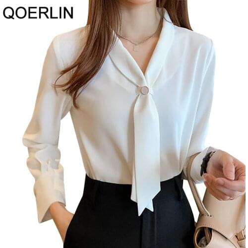 QOERLIN White Blouse V Neck Bow Shirts with Long Sleeve Spring Autumn Elegant Blusa Mujer Plus Size Tops Shirts Korean Clothing