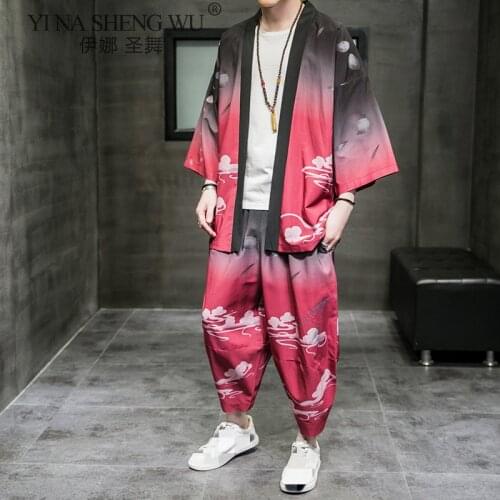 New Style Traditional Print Cardigan Couple Kimono Japanese Kimono Man Yukata Harajuku Beach Loose Thin Coat Pants Plus Size 5XL