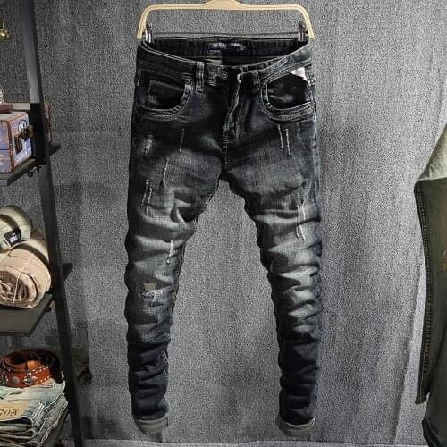 European Street Fashion Men Jeans Retro Black Gray Elastic Slim Fit Ripped Jeans Men Vintage Designer Scratch Casual Denim Pants