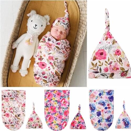European and American baby printed wrapping cloth newborn wrapper suit wrapped towel knotted hat suit baby photo suit blankets