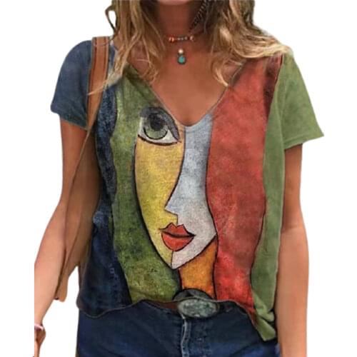 V Neck Tshirt Womens Summer Casual Oversize Print Shirt Tops Loose Vintage Female Tee Streetwear Y2K Short Sleeve Clothes S-5XL