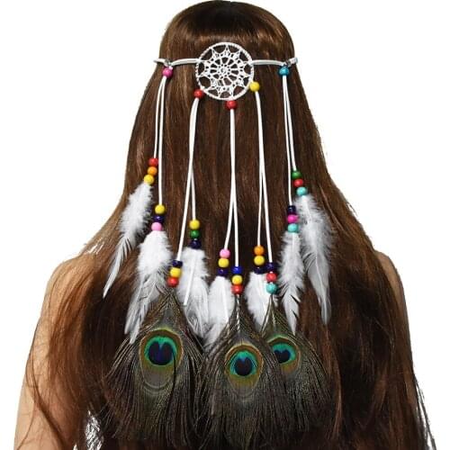 Bohemian Hippie Hand-Woven Fashion Headdress African Beaded Peacock Feather Headband Indian Tribal Hair Accessories Jewelry
