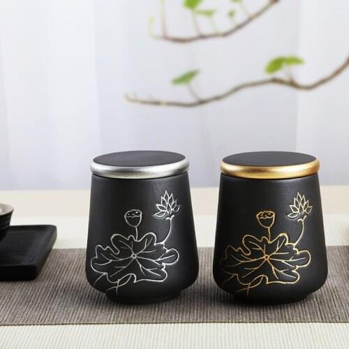 Stoneware Tea Caddy Small Hand-painted Gilt Gold and Silver Sealed Jar One Can with Two Water Cups with Sealing Ring Lid