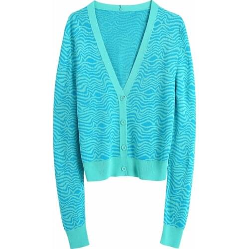Nice Elegant Women Blue Knitted Striped Jacket New Spring Vogue Female Chic V Neck Jackets Ladies Elastic Slim Outerwear