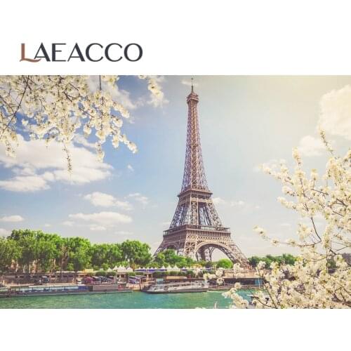 Laeacco Photo Backdrop Eiffel Tower Town Riverside Spring Maples Natural Scenic Photography Background Photocall Photo Studio