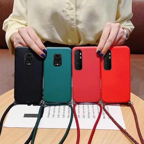 For Xiaomi Mi Note 10 Pro Lite Redmi Note 9S 9 Max 8 8T 8A 7 Case Liquid Silicon Rope Crossbody Hand Strap Matte Cover Funda