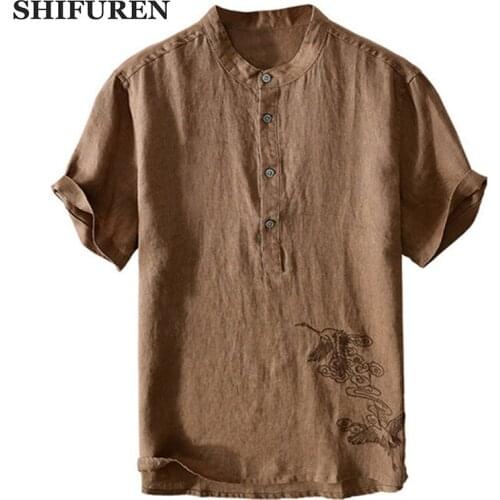 SHIFUREN New Summer 100% Pure Linen Shirts Mens Short Sleeve Tops Soft Breathable Embroidery Design camisas hombre Streetwear
