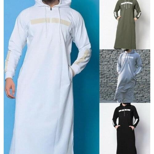 Mens Muslim Abaya Islamic Kaftan full length hooded Arab costume