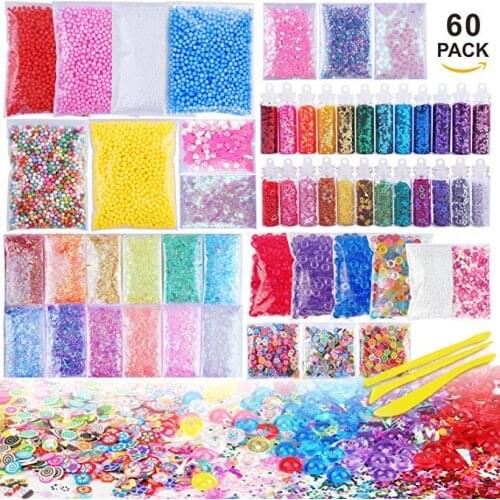 60 Pack Slime Supplies Making Kit Charms Slime Flat Beads Colorful Pearl Foam Ball Soft pottery Childrens DIY Craft Gift