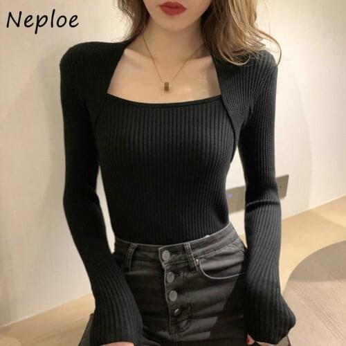 Neploe Long Sleeve Slim Fit Knitted Pullovers Women Fashion Chic Fake Two Piece T-shirt Sexy U-neck Solid Color T Shirts 1H083