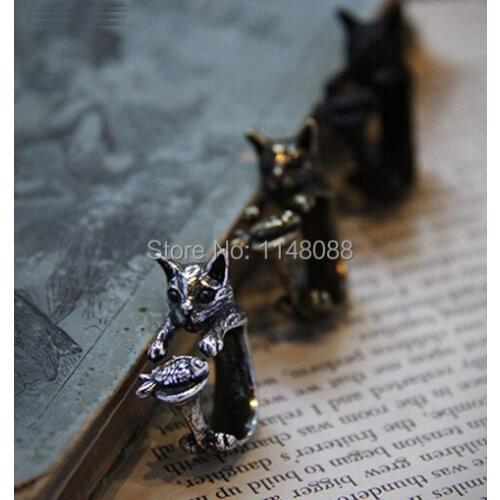 Newest Kitty Cat with Fish Ring Adjustable Open Animal Ring Antique Silver/Antique Bronze/Gun Black 3 Colors