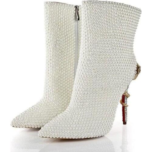 Sexy Ankle Boots For Women Rhinestones Pearl Metal Snake Heel Fashion Pointed Toe Side Zipper High Heels Boots Shoes Woman Bota