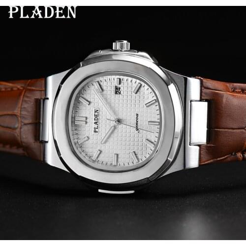 PLADEN Men Quartz Watch Top Brand Luxury Brown Leather Watch Sport Stainless Steel Case Waterproof Watch Men relogio masculino