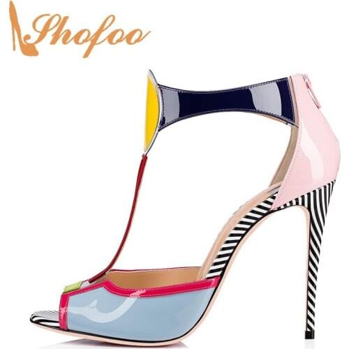 Multicolors High Thin Heels Stilettos T-Strap Sandals Woman Zipper Peep Toe Large Size 12 15 Ladies Summer Shoes Fashion Shofoo