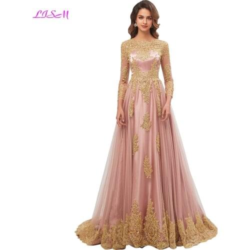 Luxury Appliques Beaded A-Line Evening Dresses O-Neck Long Sleeves Tulle Prom Dress 2020 Elegant Formal Party Gowns