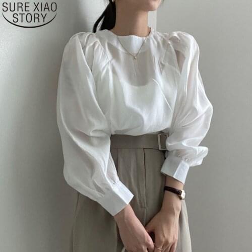 Autumn Long Lantern Sleeve Pleated Shirts Ladies Simple Solid O-Neck Blouse Casual Clothes French Loose Elegant Woman Tops 16380