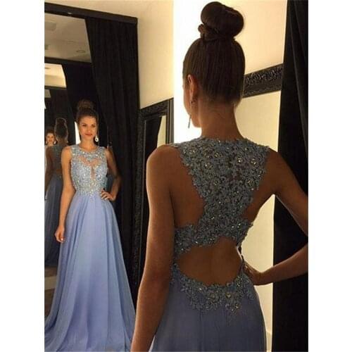Sexy Jewel Lace Appliques Top A-Line Prom Dresses Chiffon Long Lavender Open Back Sleeveless Evening Party Gowns Special Party