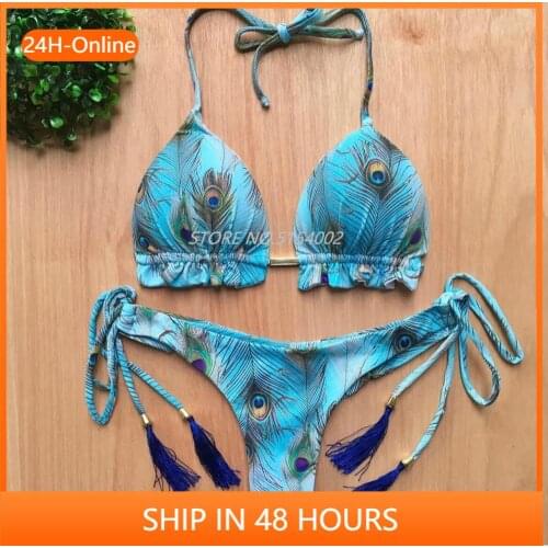 Sexy Brazilian Bikini Set 2020 Feather Print Swimsuit Women Bandeau Swimwear Female Hollow Out Bathing Suit Micro 2 Piece Suit
