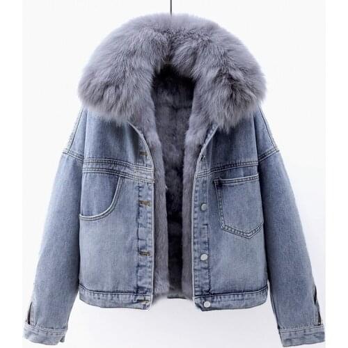 Removable Natural Fox Fur Collar Rabbit Fur Liner Denim Jacket Coat Women Vintage Winter Loose Thick Warm Jeans Jackets Female