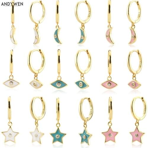 ANDYWEN 925 Sterling Silver Gold Moon Eye Star Enamel Drop Earring White Turquoise Pink Piercing Pendientes Clips Jewelry Gift