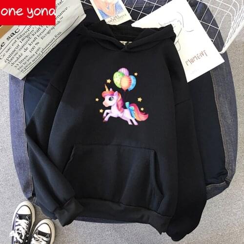 Unicorn Pattern Hoodie Sweater Womens Casual Loose Fleece Top Hoodie