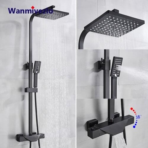 Bathroom Thermostatic Shower Faucet Rainfall Shower Head Waterfall Bathtub Spout Dual Handles Mixer Tap Matte Black Shower