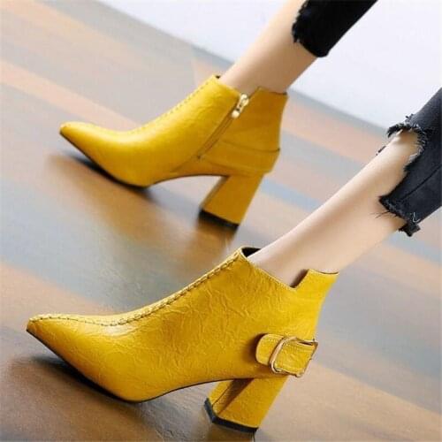 Office Lady Designer Pointed Toe Yellow Ankle Boots Elegant Zipper Buckle Black High Heels Women Fashion Sexy Shoes 2020 New
