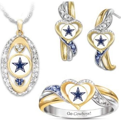 Women Western Cowboys Cross Woven Hollow Heart Star Letters Rings Necklace Earrings Jewelry Sets