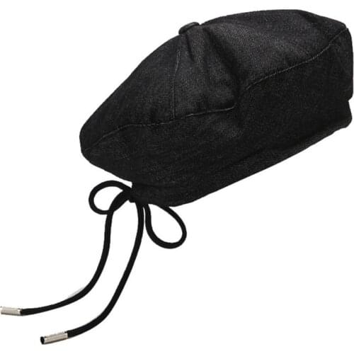Women Denim Cotton Beret Cap Ribbon Lace-Up Bowknot Newsboy Painter Beanie Hat F3MF